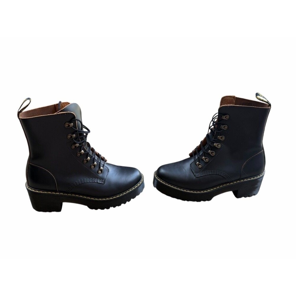 Dr Martens Leona Platform Black Leather Lace Up Combat Boot Women Docs Chunky